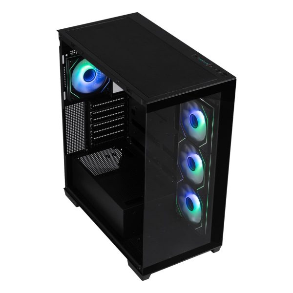ARBG gaming behuizing met glazen zijpaneel en RGB ventilatoren.