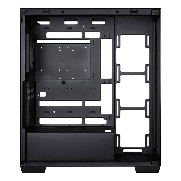 Zwart mid-tower gaming behuizing met gehard glas, ARGB-verlichting en USB 3.1, geschikt voor ATX moederborden en krachtige gaming systemen.