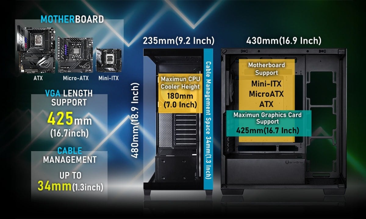 Robuuste gaming behuizing met helder ARGB-verlichting, gehard glazen zijpaneel en ruime compatibiliteit voor ATX, Micro-ATX en Mini-ITX moederborden.