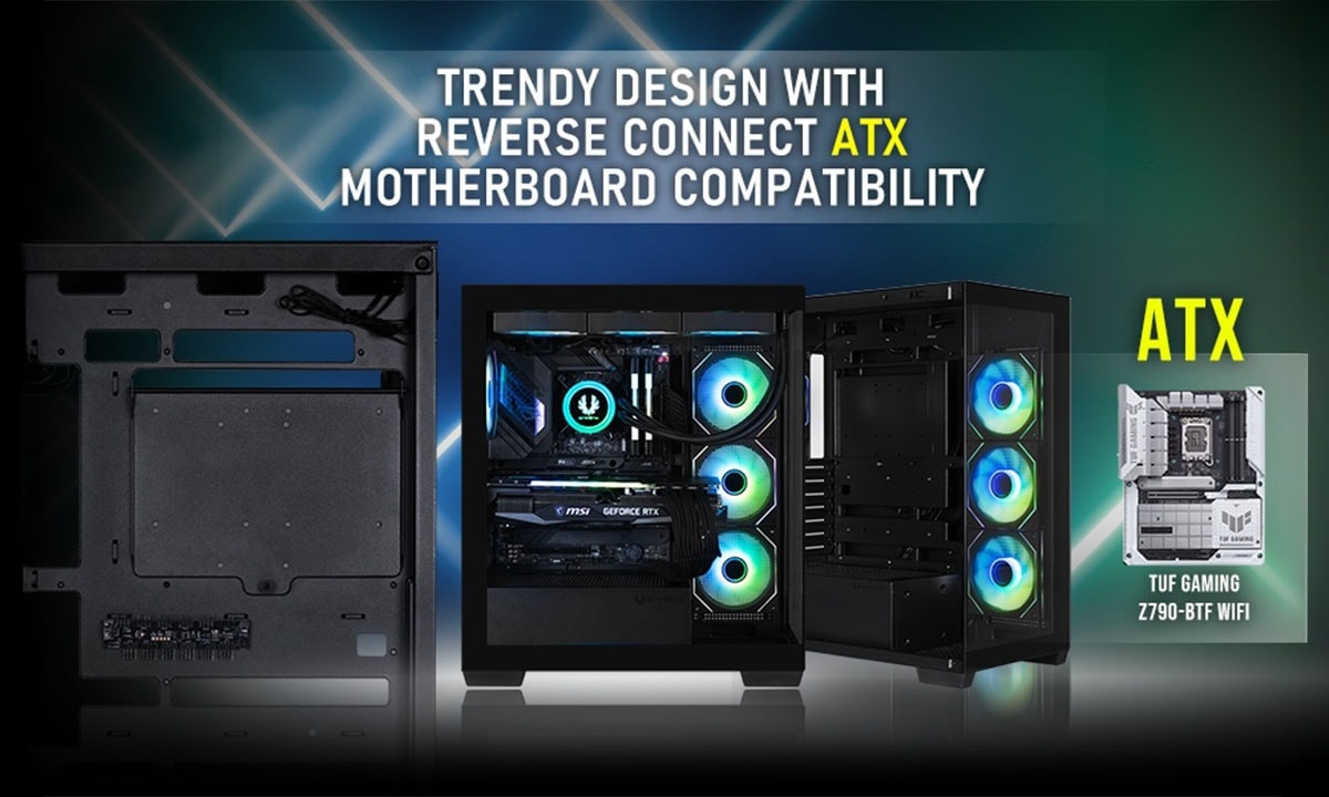 Moderne gaming behuizing met gehard glas, ARGB-verlichting en USB 3.1, geschikt voor ATX moederborden en krachtige gaming systemen.