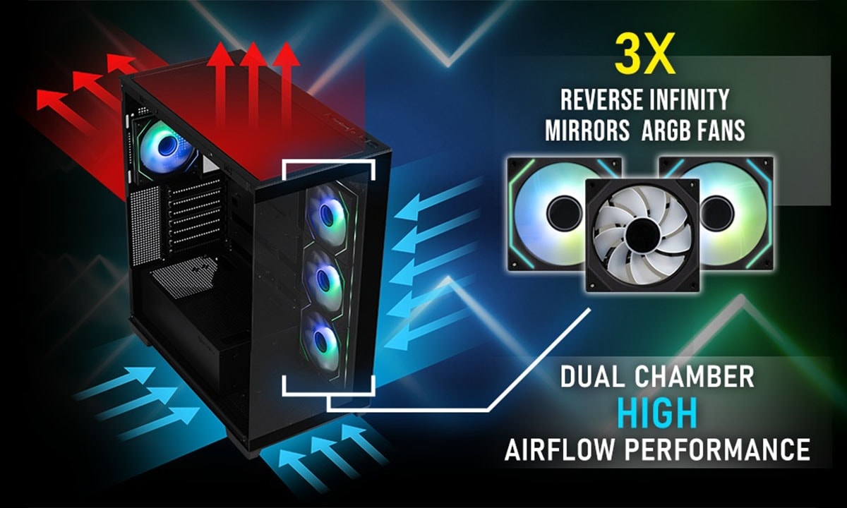 Gezicht op de BitFenix X8 FISHTANK ARGB gaming behuizing met gehard glas, USB 3.1, 850W voeding en ruimte voor meerdere ventilatoren voor optimale airflow en RGB-verlichting.