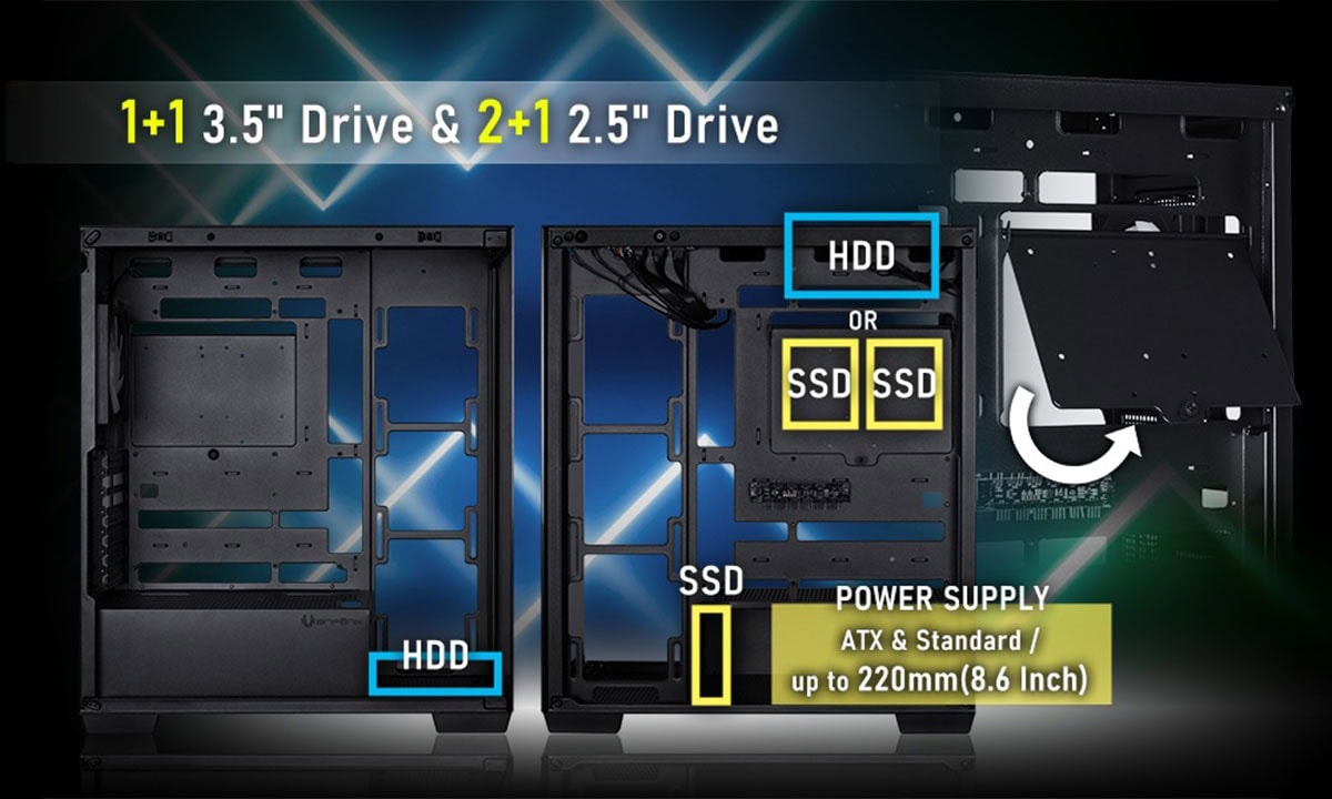 Mid tower gaming behuizing van BitFenix X8 FISHTANK met ARGB-verlichting, gehard glas en USB 3.1, geschikt voor ATX moederborden en krachtige gaming systemen.