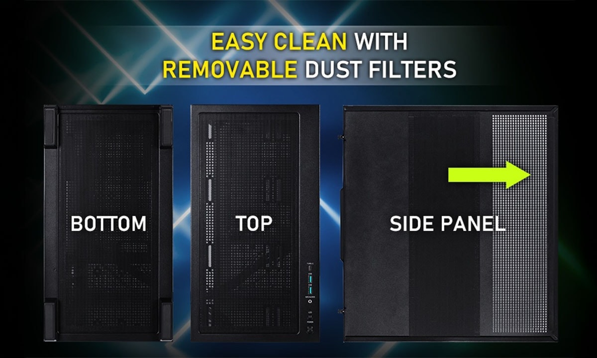 Gezicht op de BitFenix X8 Fishtank ARGB mid tower gaming behuizing met gehard glas, USB 3.1 en ventilatiepanelen voor optimale koeling.