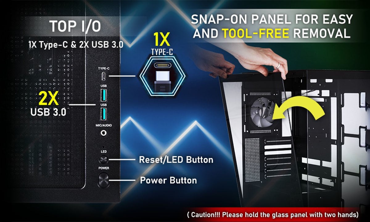 Robuuste gaming behuizing met glazen zijpaneel en ARGB-verlichting.