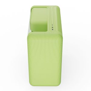 Groen gaming behuizing met glazen zijpaneel en USB 3.2 poorten, geschikt voor high-performance gaming systemen.