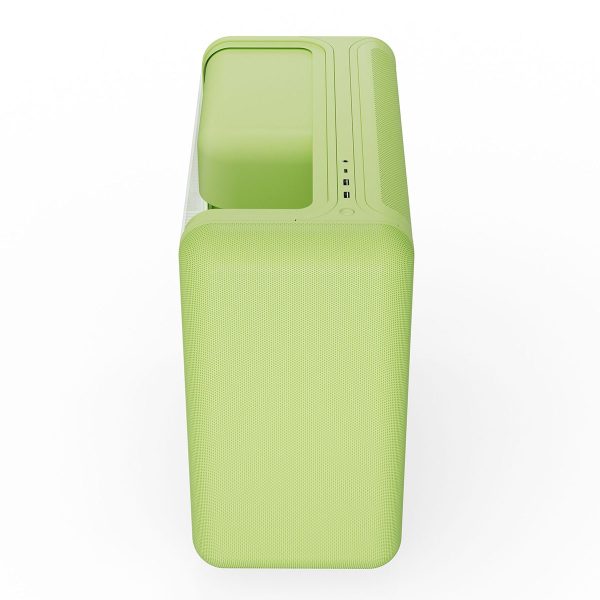 Groen gaming behuizing met glazen zijpaneel en USB 3.2 poorten, geschikt voor high-performance gaming systemen.