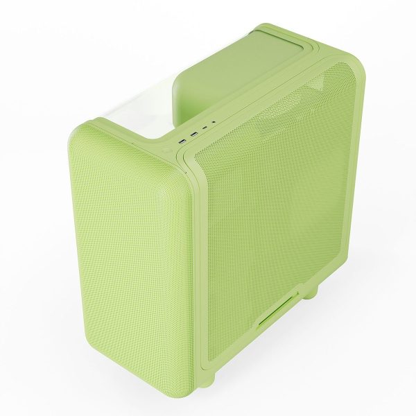 Lichtgroene HYTE X50 Matcha gaming behuizing met gehard glas en USB 3.2, ontworpen voor optimale prestaties en stijl in gaming setups.