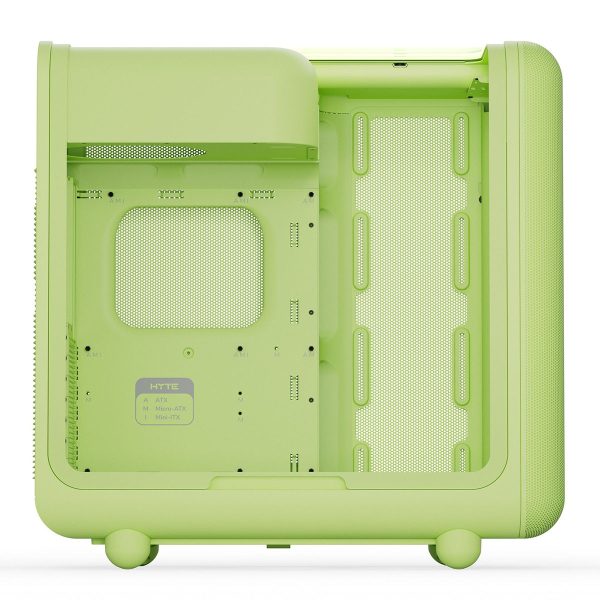 Geelgroene HYTE X50 Matcha behuizing met gehard glas en USB 3.2, geschikt voor gaming en high-performance PC builds.