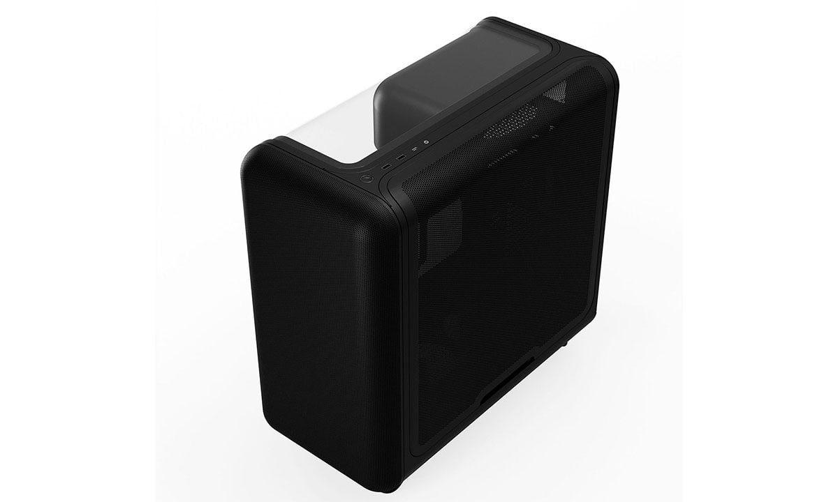 Moderne Hyte X50 behuizing in zwart met glazen zijpaneel, geschikt voor gaming PC's, met USB 3.2-poorten en ruim interieur voor optimale koeling en componenten.