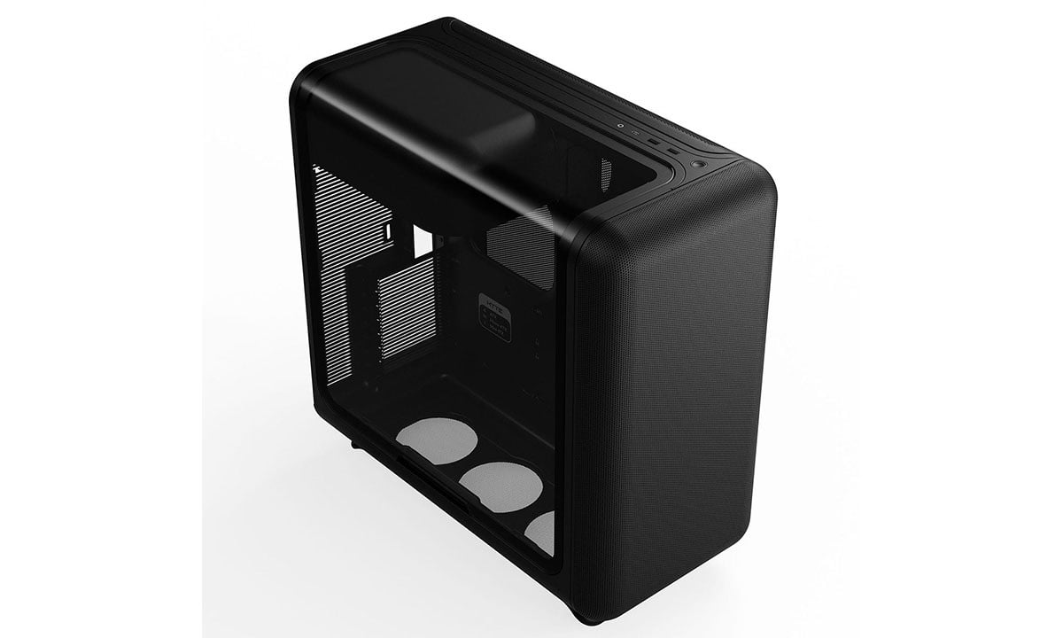 Zwarte Hyte X50 behuizing met glazen zijpaneel, USB 3.2-poorten en ruimte voor krachtige gaming hardware, ideaal voor gamers en PC-bouwers die stijl en functionaliteit zoeken.