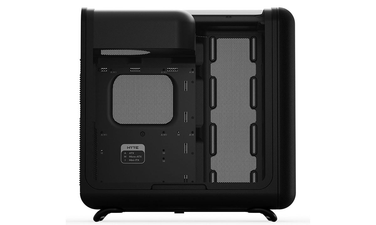 Zwarte HYTE X50 ATX mid tower gaming behuizing met gehard glas, USB 3.2-poorten en ruim interieur voor krachtige gaming PC's.