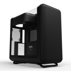 Moderne HYTE X50 mid tower gaming behuizing in zwart met gehard glas en USB 3.2, ideaal voor gaming en high-performance PC builds.
