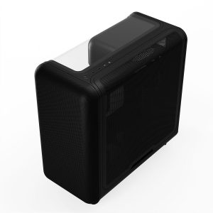 HYTE X50 Gehard Glas behuizing voor gaming PC, zwart met doorzichtige zijpaneel en USB 3.2-poorten.