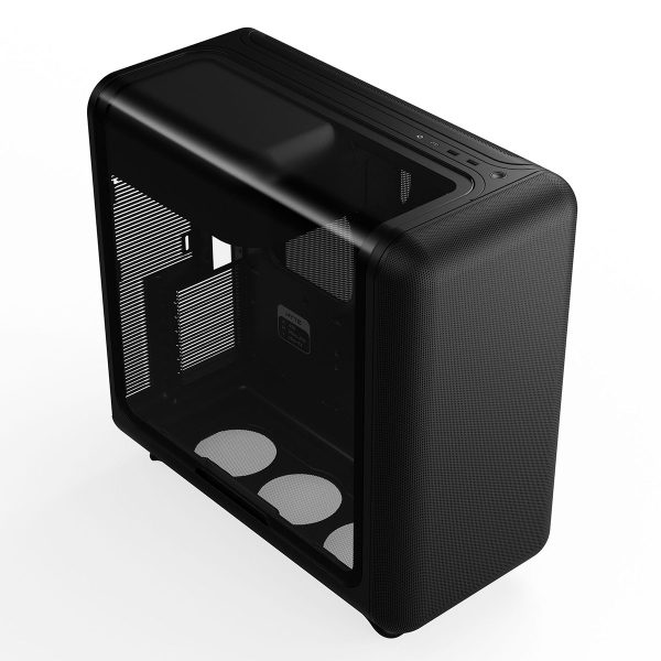 Zwarte Hyte X50 behuizing met glazen zijpaneel, geschikt voor gaming PC's, USB 3.2-poorten en ATX-motherboards, ontworpen voor optimale koeling en stijl.