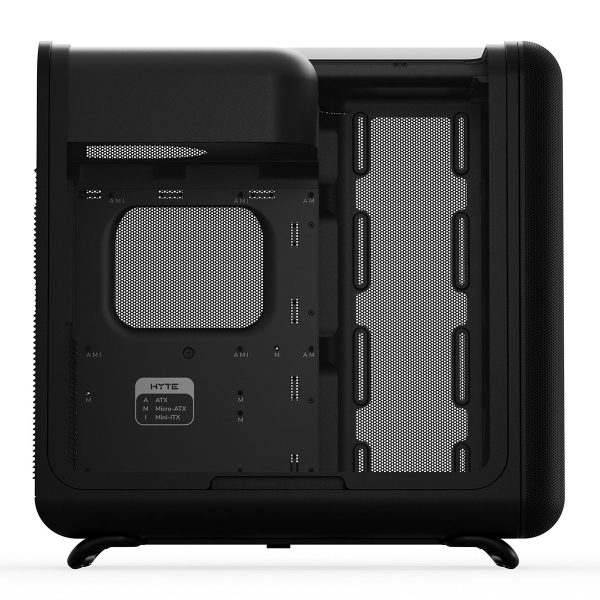 Zwarte Hyte X50 ATX mid tower gaming behuizing met gehard glas en USB 3.2, ideaal voor gaming PC's en modding.