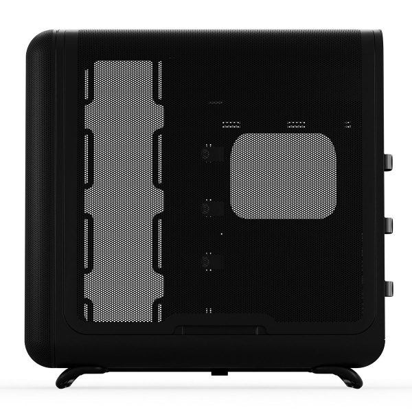 Moderne zwarte gaming behuizing met gehard glas en USB 3.2-poorten, geschikt voor ATX-moederborden, ideaal voor gaming en high-performance PC-builds.