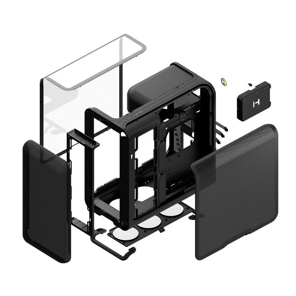 Zwart HYTE X50 ATX mid tower gaming behuizing met glazen zijpaneel en USB 3.2, ontworpen voor optimale koeling en uitbreidingsmogelijkheden.