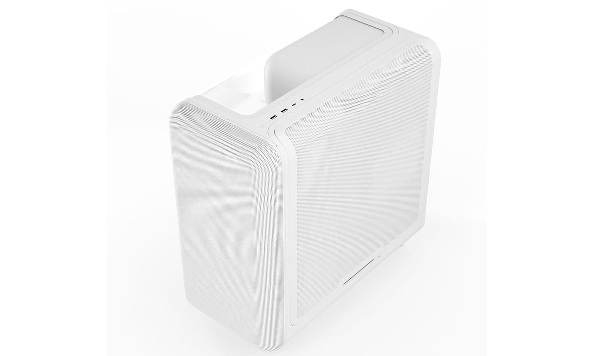 Moderne witte gaming behuizing van het model Hyte X50 met gehard glas en USB 3.2, geschikt voor ATX moederborden, ideaal voor gaming en high-performance PC builds.