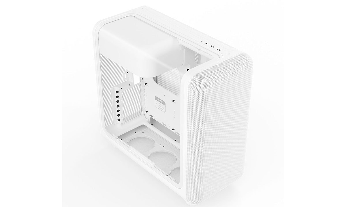 Wit Snow White Hyte X50 behuizing met gehard glas en USB 3.2 voor gaming PC's, geschikt voor ATX moederborden, met strak design en goede ventilatie.
