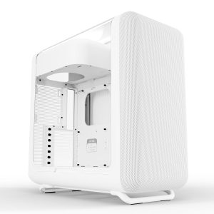 Wit Snow White HYTE X50 behuizing met gehard glas en USB 3.2 voor gaming PC's, geschikt voor ATX moederborden. Modern ontwerp met ventilatie en ruimte voor krachtige componenten.