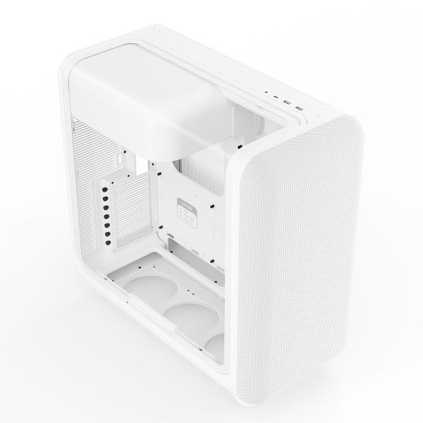 Wit gaming behuizing HYTE X50 met gehard glas en USB 3.2, geschikt voor ATX moederborden, ideaal voor gaming en high-performance PC builds.