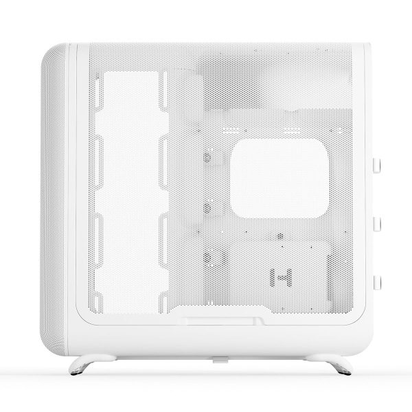 Wit gaming behuizing HYTE X50 met gehard glas en USB 3.2, geschikt voor ATX moederborden, ontworpen voor optimale koeling en stijlvol uiterlijk.