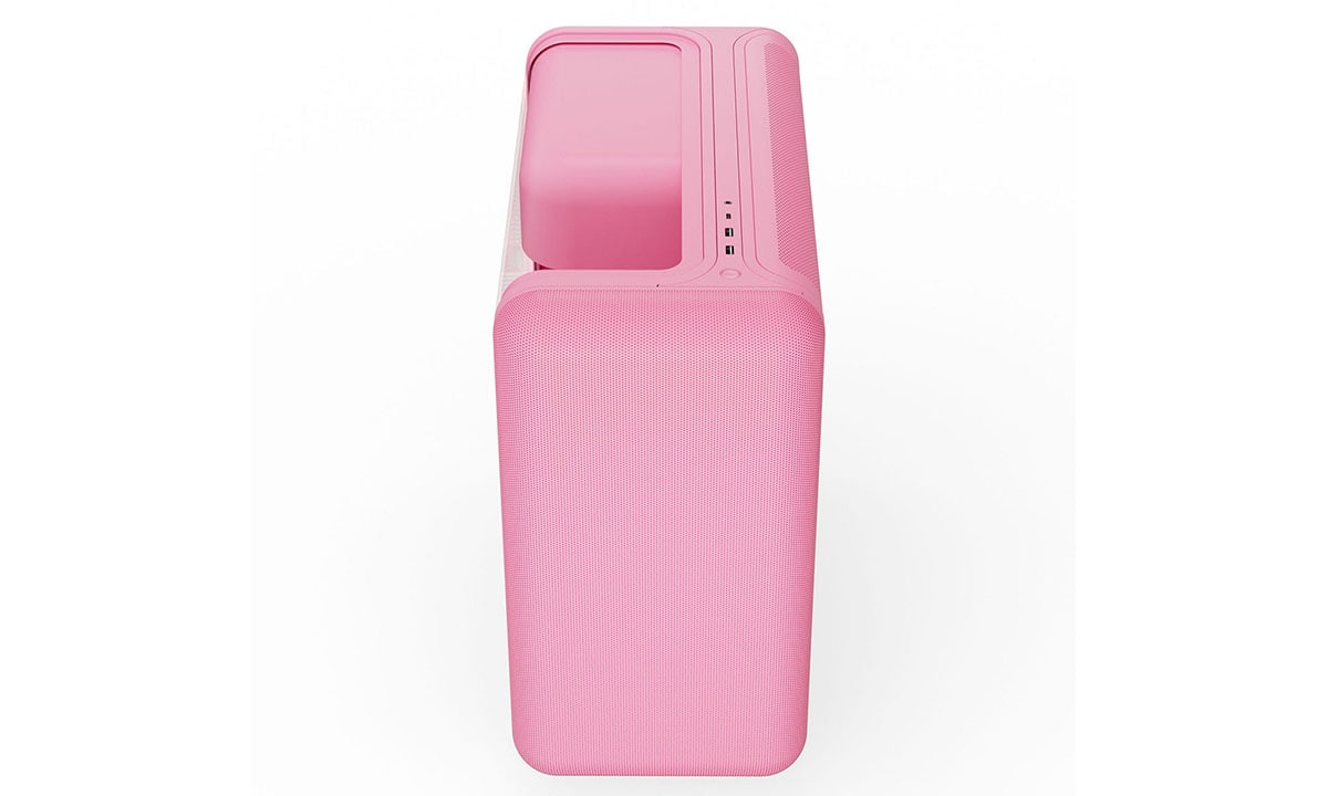 Gehard glas gaming behuizing in roze met USB 3.2, ATX mid tower, geschikt voor high-end gaming systemen.