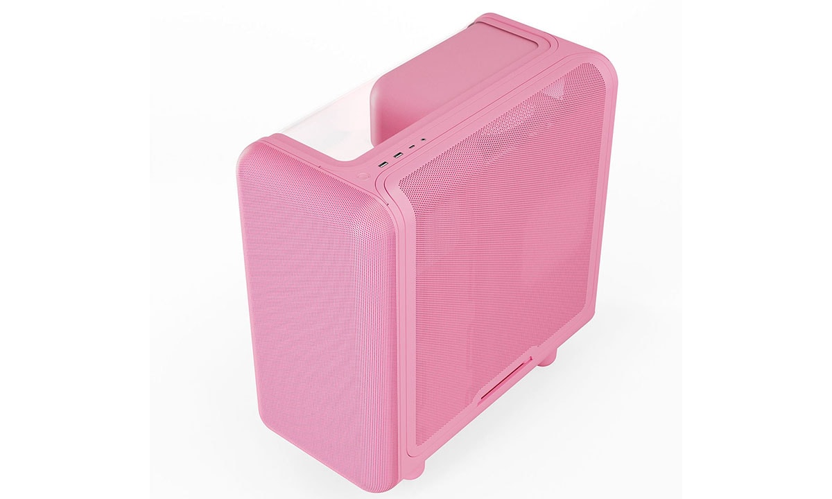 Roze Hyte X50 Strawberry Milk ATX mid tower gaming behuizing met gehard glas en USB 3.2, ideaal voor gaming PC's en modding.