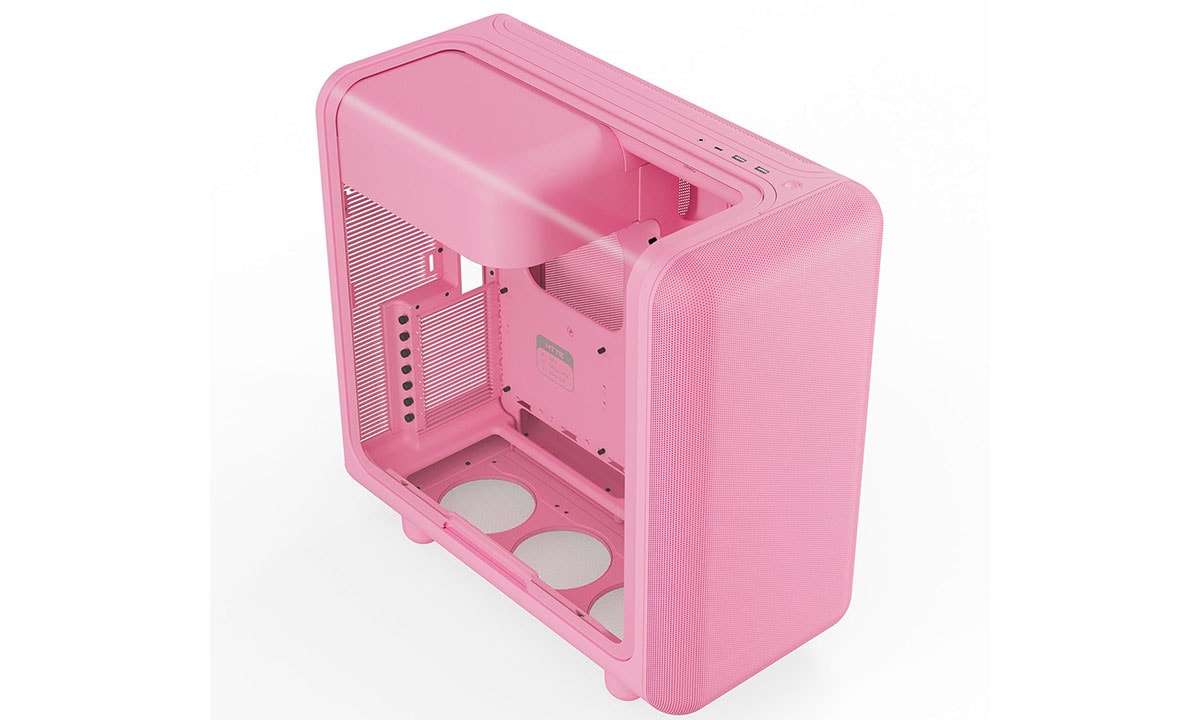 Roze HYTE X50 Strawberry Milk behuizing met gehard glas en USB 3.2 voor gaming PC's, geschikt voor ATX moederborden en voorzien van stijlvolle designdetails.