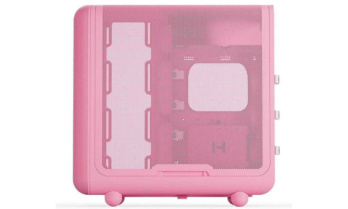 Roze HYTE X50 Strawberry Milk behuizing met gehard glas en USB 3.2, geschikt voor gaming PC's, met strak design en optimale ventilatie.