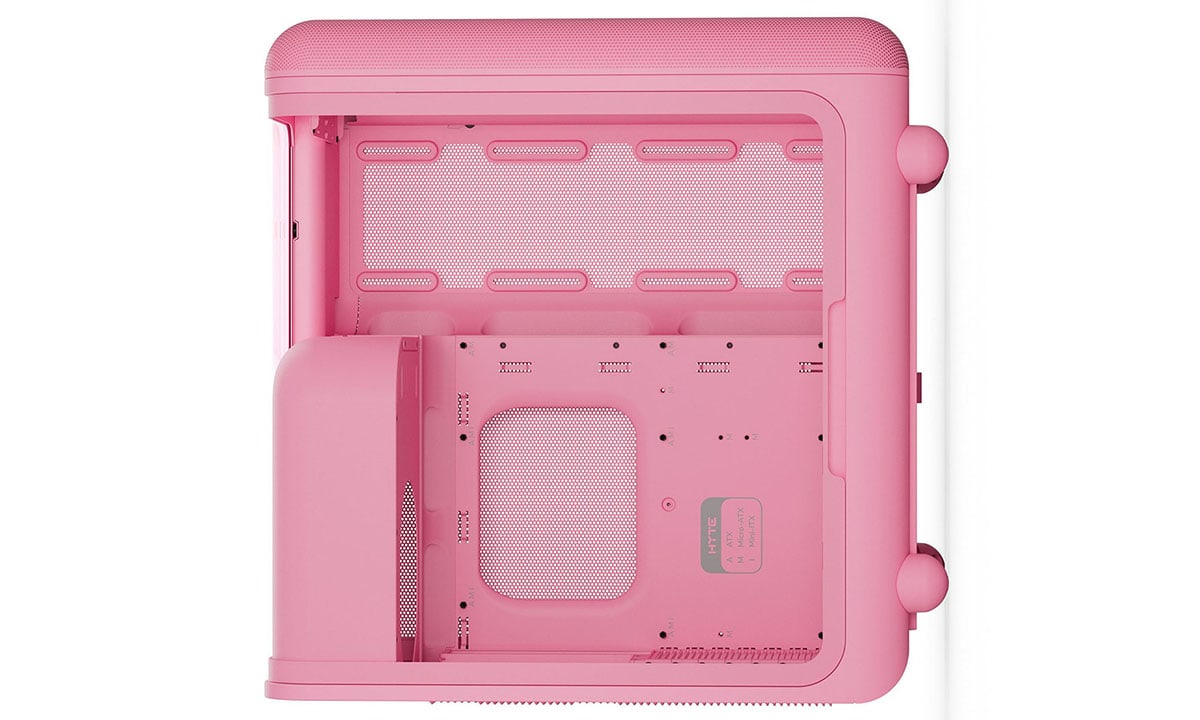 Roze HYTE X50 Strawberry Milk behuizing met gehard glas en USB 3.2 voor gaming PC's, geschikt voor ATX moederborden en krachtige componenten.