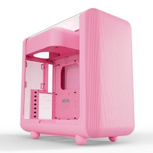 Roze Hyte X50 Strawberry Milk ATX mid-tower gaming behuizing met glazen zijpaneel en USB 3.2, ideaal voor gaming en modding.