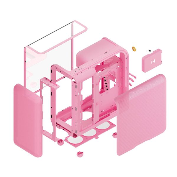 HYTE X50 Strawberry Milk behuizing met gehard glas en USB 3.2, geschikt voor gaming PC's, in een opvallende roze kleur.