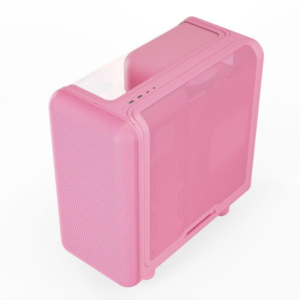 Roze HYTE X50 Strawberry Milk ATX mid-tower gaming behuizing met gehard glas en USB 3.2, ideaal voor gaming setups en modding.