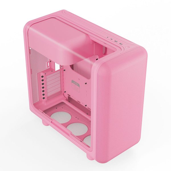 Roze Hyte X50 Strawberry Milk gaming behuizing met glazen zijpaneel en USB 3.2-poorten, geschikt voor krachtige gaming PC's.