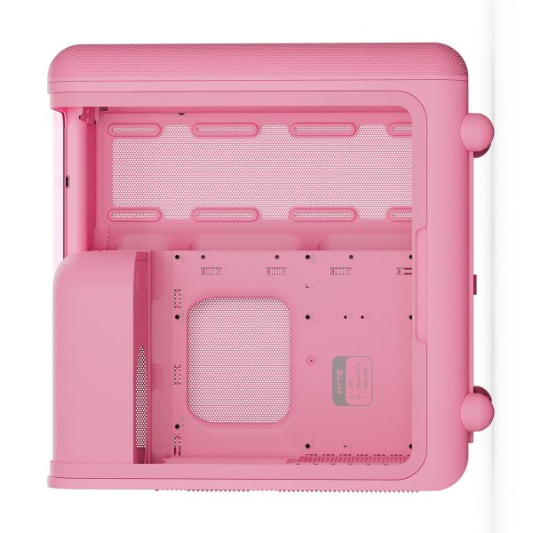 Roze HYTE X50 Strawberry Milk ATX mid tower gaming behuizing met glazen zijpaneel en USB 3.2, ideaal voor gaming en modding.