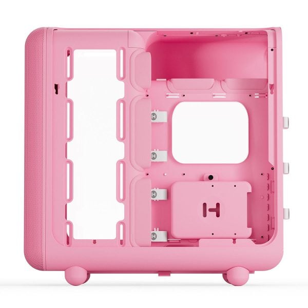 Roze HYTE X50 Strawberry Milk behuizing met gehard glas en USB 3.2 voor gaming PC's, geschikt voor ATX moederborden, met strak design en goede ventilatie.