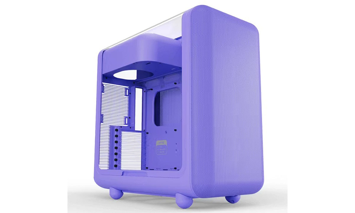 Taro Milk kleurige HYTE X50 ATX mid tower gaming behuizing met USB 3.2, gehard glas en modern ontwerp, ideaal voor gaming en high-performance PC builds.