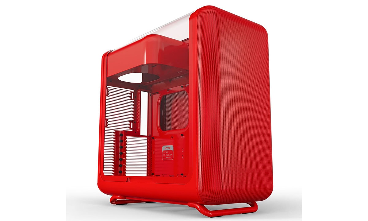 Geavanceerde HYTE X50 Wild Cherry Gehard Glas ATX mid tower gaming behuizing met USB 3.2, opvallend design en ruime interne opbergmogelijkheden voor gaming PC's.