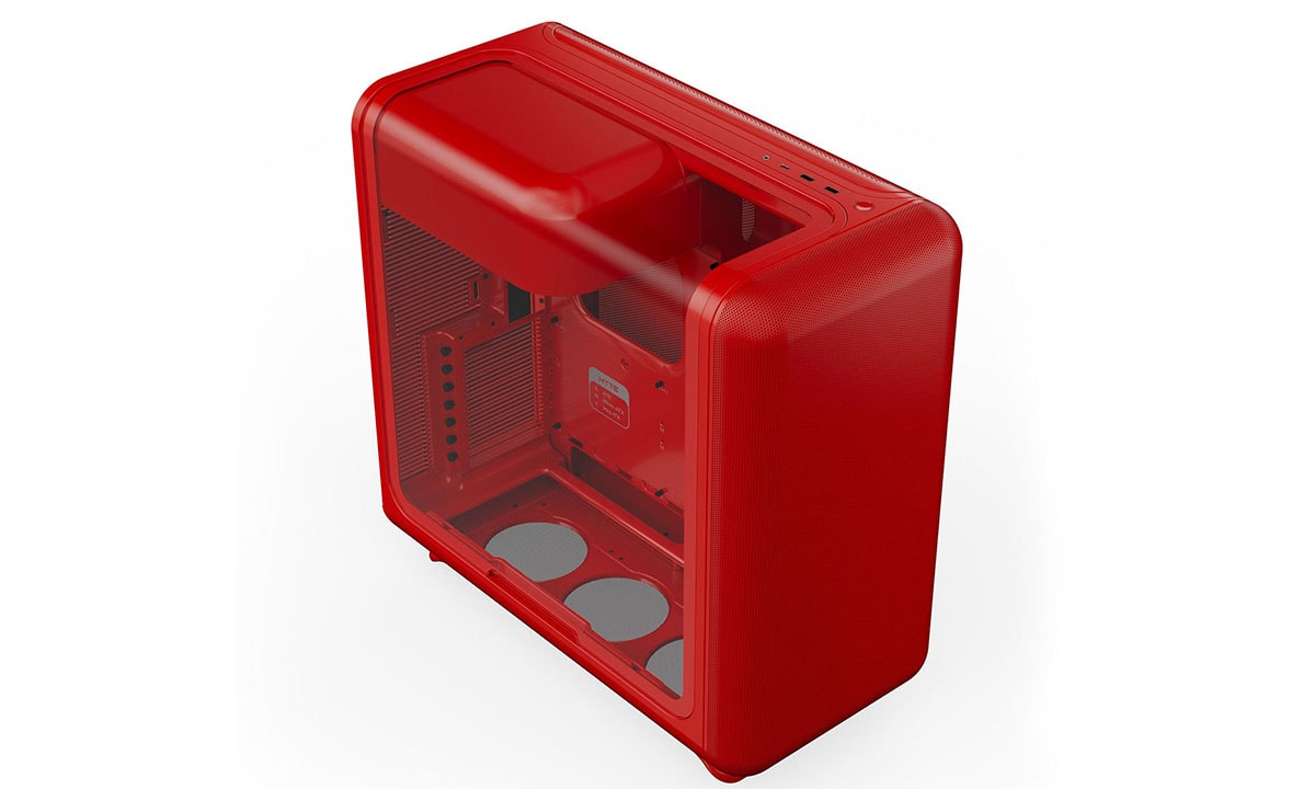 Robuuste HYTE X50 Wild Cherry behuizing met Gehard Glas en USB 3.2, ideaal voor gaming PC's, met strak design en optimale ventilatie.
