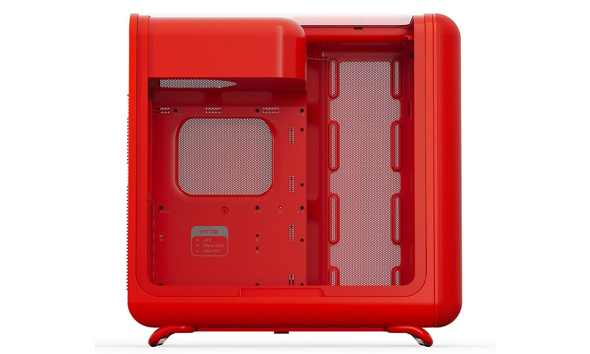 Gezicht op de Hyte X50 Wild Cherry Gehard Glas ATX mid tower gaming behuizing met USB 3.2, opvallende rode afwerking en stevig ontwerp voor gaming PC's.