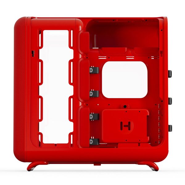 Robuuste HYTE X50 Wild Cherry behuizing met Gehard Glas en USB 3.2, ontworpen voor gaming en krachtige PC-builds, met opvallend rood ontwerp en optimale ventilatie.