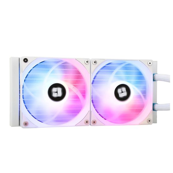 ARGB CPU waterkoeler met witte behuizing en verlichte ventilatoren.