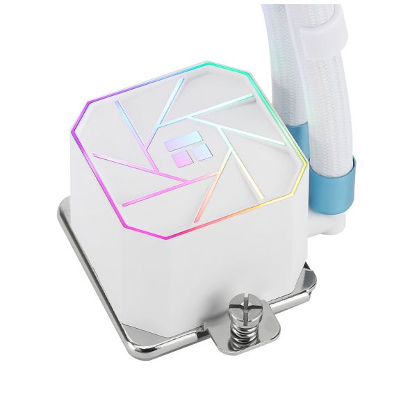 Wit CPU waterkoeler met ARGB-verlichting voor Intel en AMD, geschikt voor high-performance gaming en overklokken. Perfect voor een stijlvolle en efficiënte koeling van je PC.