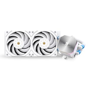Wit CPU-waterkoeler met twee ventilatoren en een waterblock, compatibel met Intel en AMD, geschikt voor gaming en high-performance computers.