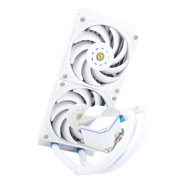 Wit CPU waterkoeler met dubbele 240mm radiatoren en ventilatoren, compatibel met Intel en AMD processoren, ideaal voor gaming en high-performance systemen.