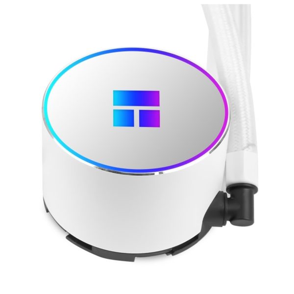 ARBG Waterkoeler voor AMD systemen met witte afwerking en kleurrijke verlichting.