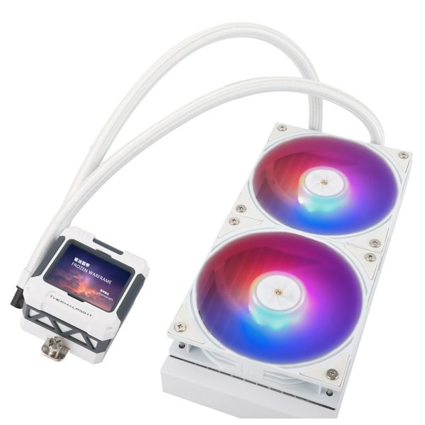 Koelersysteem voor CPU met ARGB-verlichting en witte behuizing, geschikt voor Intel en AMD. Dual 240mm radiatoren met verlichte ventilatoren voor optimale koeling en esthetiek.