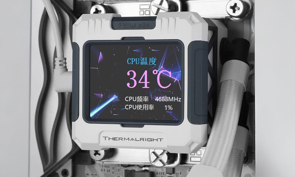 Koelvloeistof CPU-waterkoeler met witte behuizing en ARGB-verlichting, compatibel met Intel en AMD, ontworpen voor optimale koeling en esthetiek.