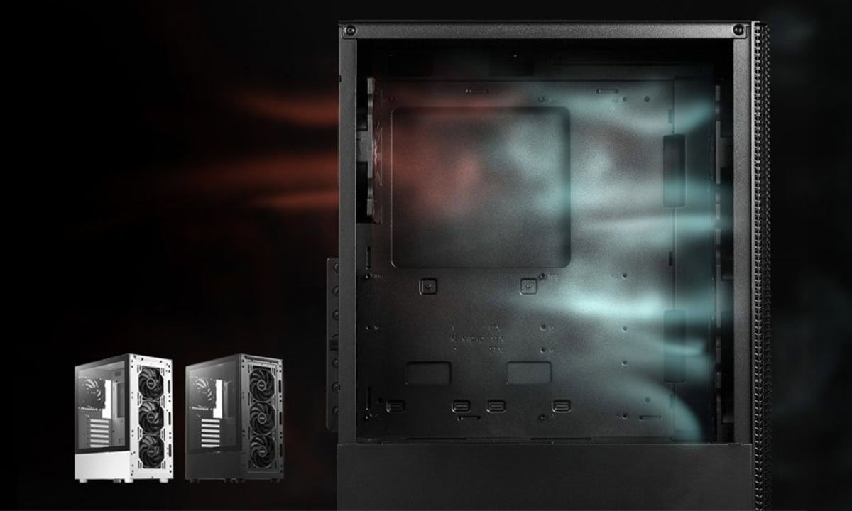 Zwarte XPG Valor Mesh RGB gaming behuizing met ventilatie en RGB-verlichting, geschikt voor high-performance gaming systemen.